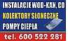 Instalacje wod-kan, co, kolektory słoneczne, pompy ciepła